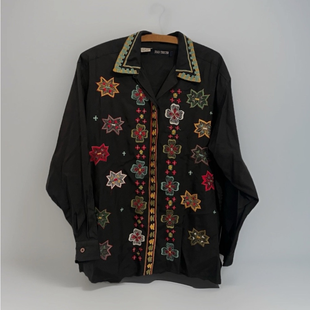 Embroidered Vintage French  Connection Black Cotton Blouse